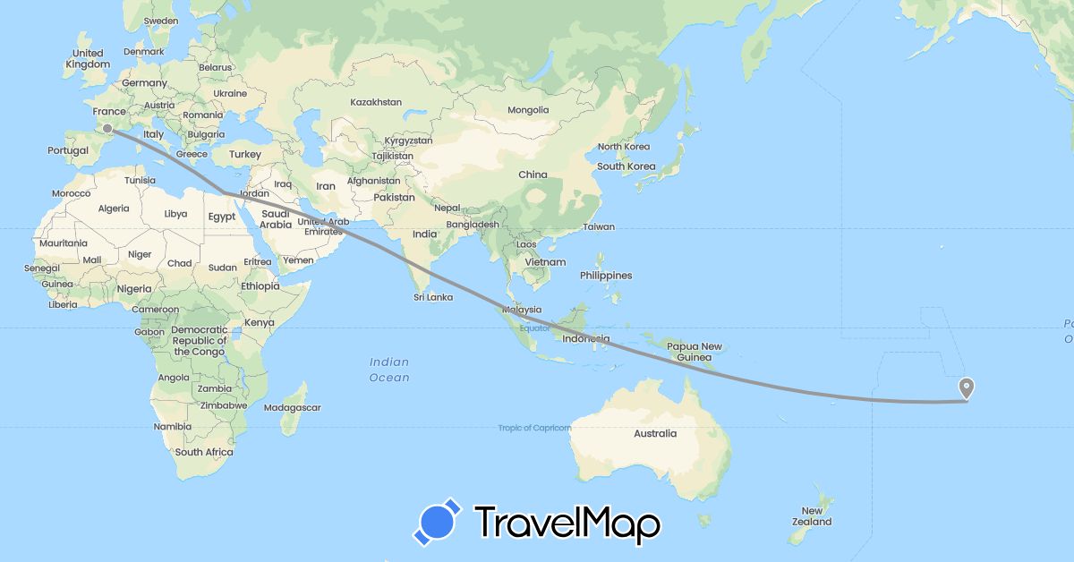 TravelMap itinerary: driving, plane in United Arab Emirates, Egypt, France, India, Malaysia (Africa, Asia, Europe)